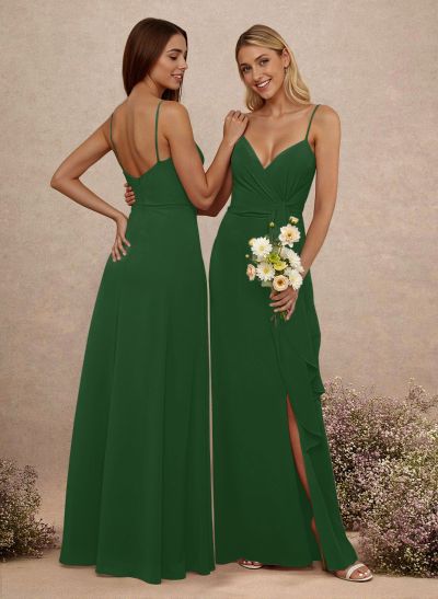 Classy V-Neck A-Line Floor-Length Chiffon Bridesmaid Dresses With Split Front