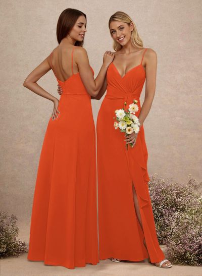 Classy V-Neck A-Line Floor-Length Chiffon Bridesmaid Dresses With Split Front