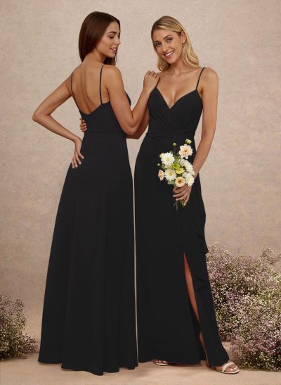 Classy V-Neck A-Line Floor-Length Chiffon Bridesmaid Dresses With Split Front