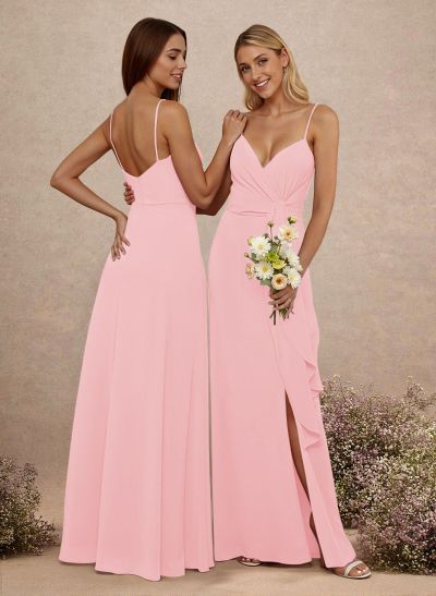 Classy V-Neck A-Line Floor-Length Chiffon Bridesmaid Dresses With Split Front