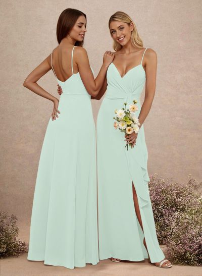Classy V-Neck A-Line Floor-Length Chiffon Bridesmaid Dresses With Split Front