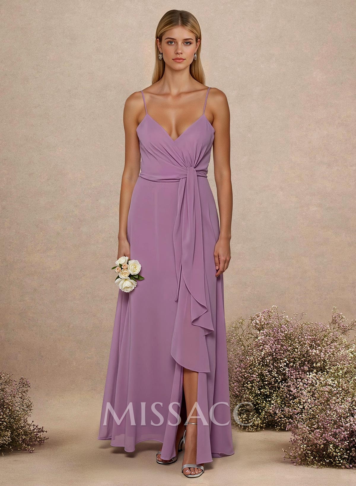 Classy V-Neck A-Line Floor-Length Chiffon Bridesmaid Dresses With Split Front