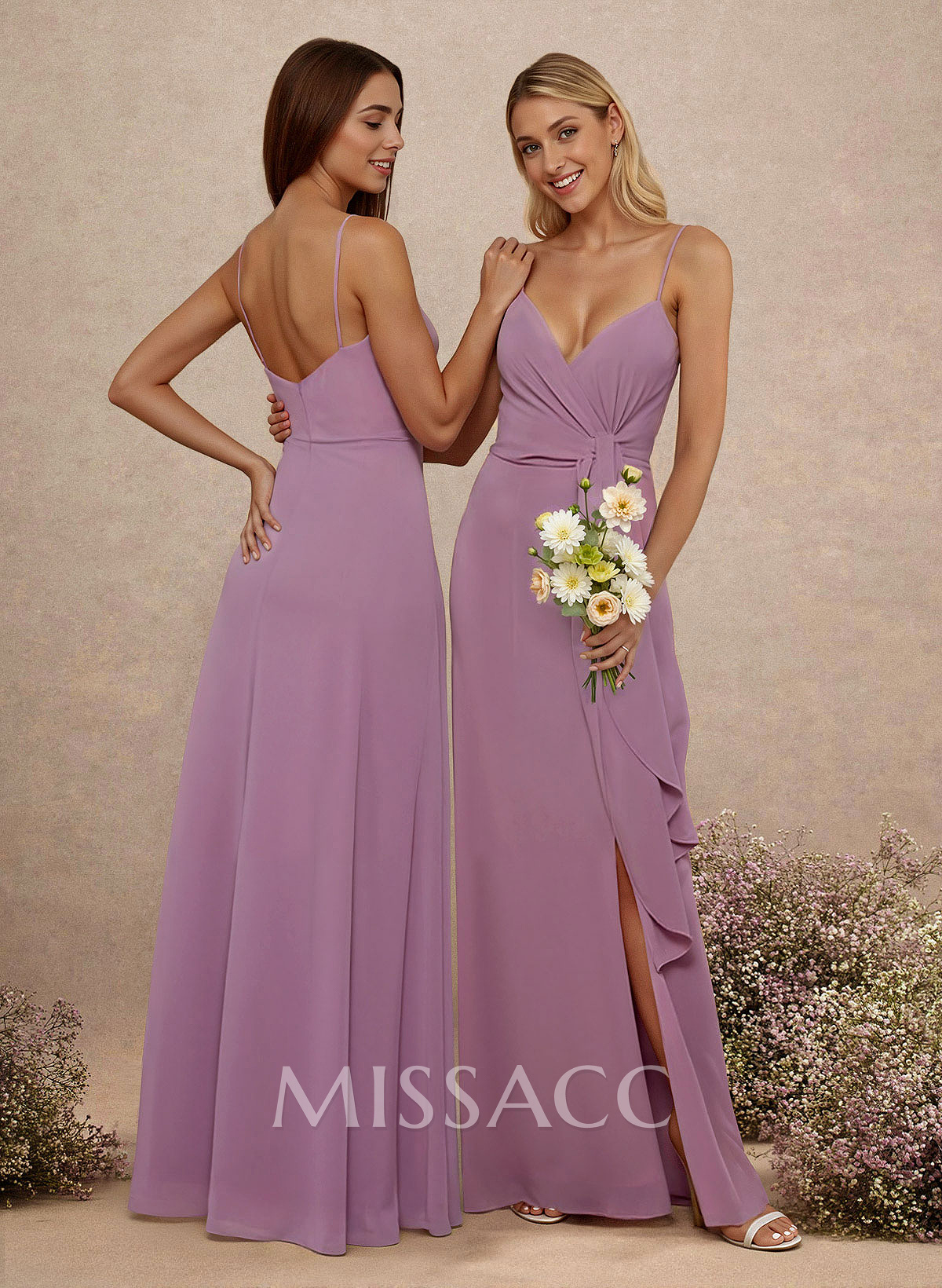 Classy V-Neck A-Line Floor-Length Chiffon Bridesmaid Dresses With Split Front