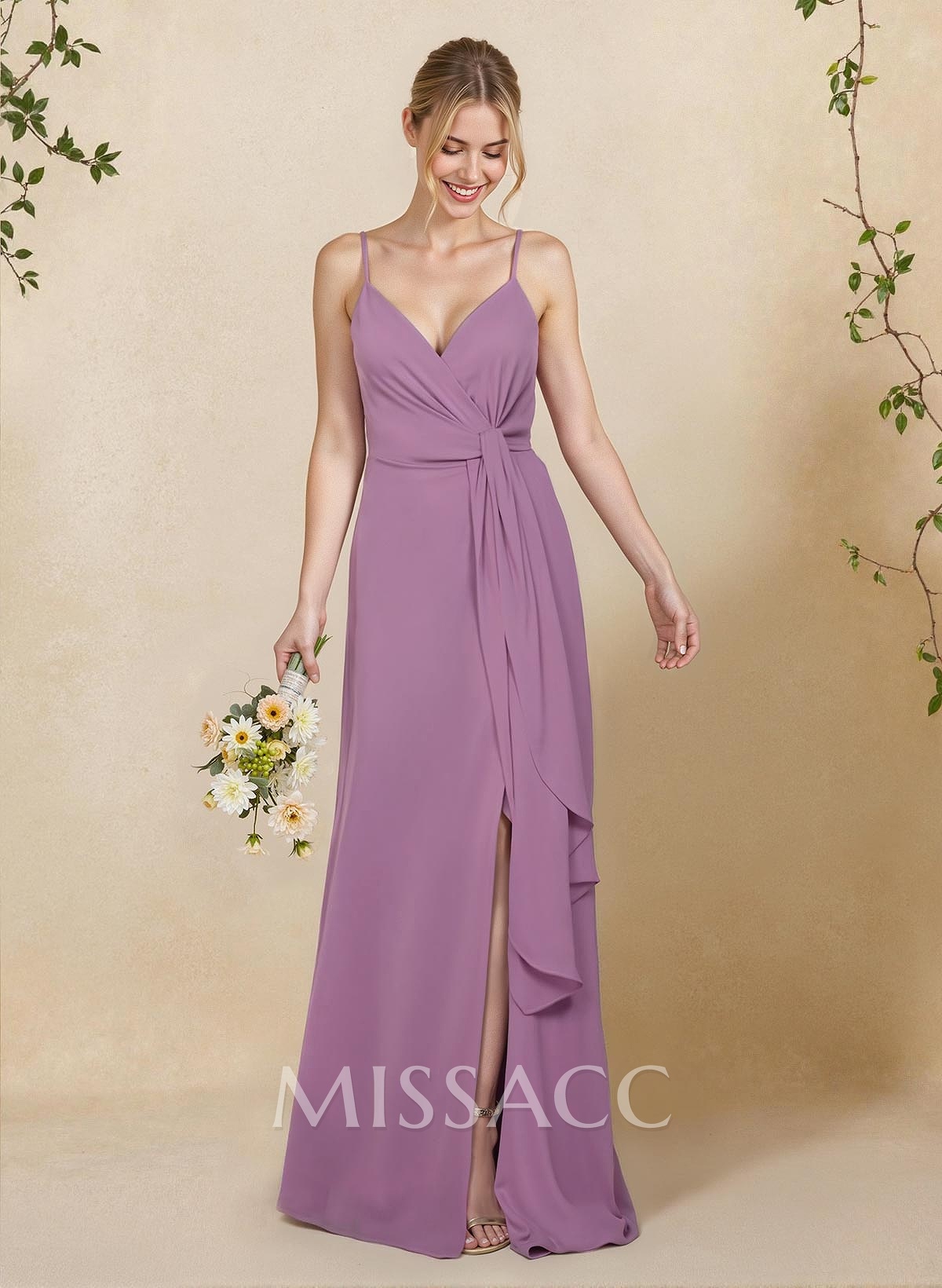 Classy V-Neck A-Line Floor-Length Chiffon Bridesmaid Dresses With Split Front