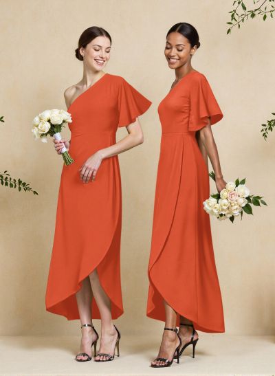 A-Line One-Shoulder Short Sleeves Asymmetrical Length Chiffon Bridesmaid Dresses