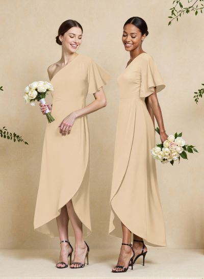A-Line One-Shoulder Short Sleeves Asymmetrical Length Chiffon Bridesmaid Dresses