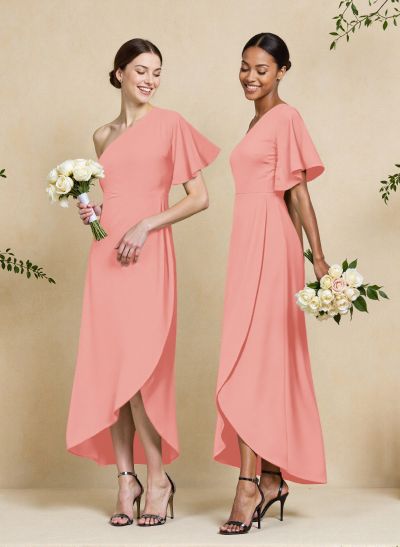 A-Line One-Shoulder Short Sleeves Asymmetrical Length Chiffon Bridesmaid Dresses