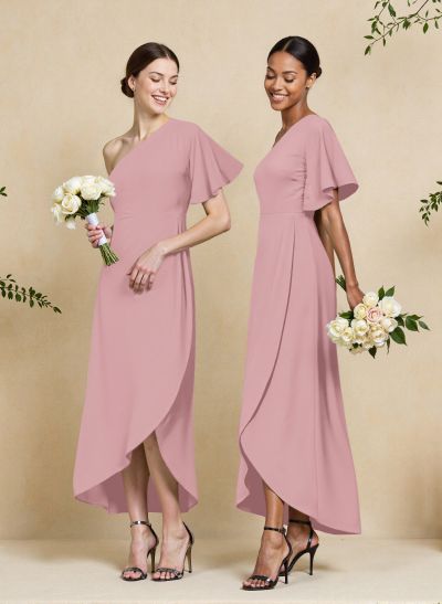 A-Line One-Shoulder Short Sleeves Asymmetrical Length Chiffon Bridesmaid Dresses