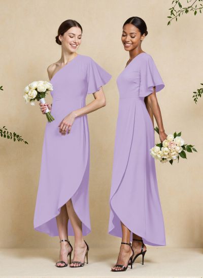 A-Line One-Shoulder Short Sleeves Asymmetrical Length Chiffon Bridesmaid Dresses