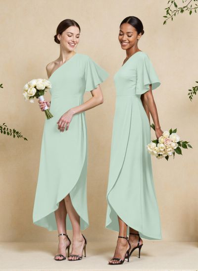 A-Line One-Shoulder Short Sleeves Asymmetrical Length Chiffon Bridesmaid Dresses