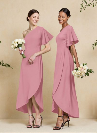 A-Line One-Shoulder Short Sleeves Asymmetrical Length Chiffon Bridesmaid Dresses