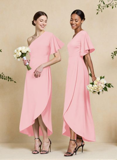 A-Line One-Shoulder Short Sleeves Asymmetrical Length Chiffon Bridesmaid Dresses