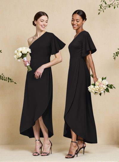 A-Line One-Shoulder Short Sleeves Asymmetrical Length Chiffon Bridesmaid Dresses