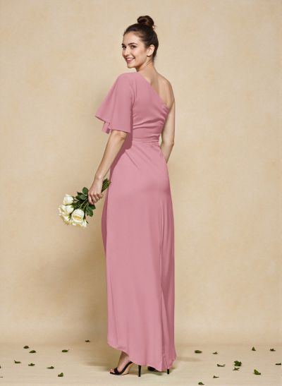 A-Line One-Shoulder Short Sleeves Asymmetrical Length Chiffon Bridesmaid Dresses