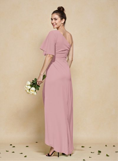 A-Line One-Shoulder Short Sleeves Asymmetrical Length Chiffon Bridesmaid Dresses