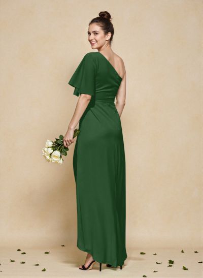 A-Line One-Shoulder Short Sleeves Asymmetrical Length Chiffon Bridesmaid Dresses