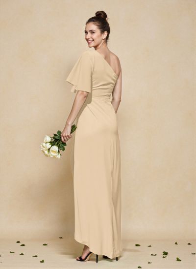 A-Line One-Shoulder Short Sleeves Asymmetrical Length Chiffon Bridesmaid Dresses