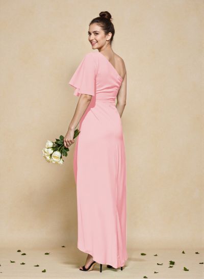 A-Line One-Shoulder Short Sleeves Asymmetrical Length Chiffon Bridesmaid Dresses