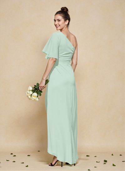 A-Line One-Shoulder Short Sleeves Asymmetrical Length Chiffon Bridesmaid Dresses