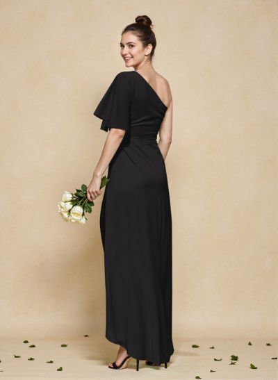 A-Line One-Shoulder Short Sleeves Asymmetrical Length Chiffon Bridesmaid Dresses