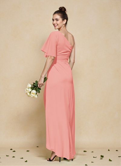 A-Line One-Shoulder Short Sleeves Asymmetrical Length Chiffon Bridesmaid Dresses