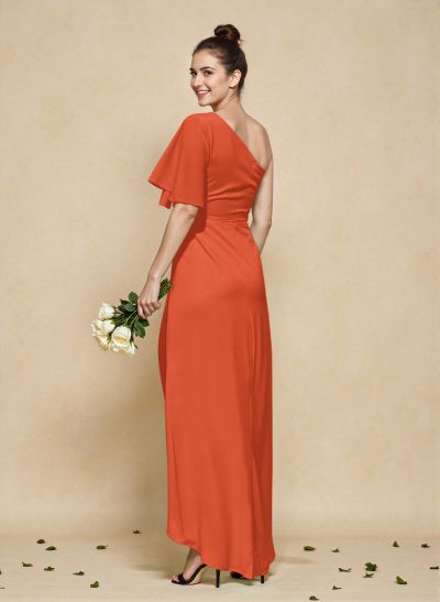 A-Line One-Shoulder Short Sleeves Asymmetrical Length Chiffon Bridesmaid Dresses