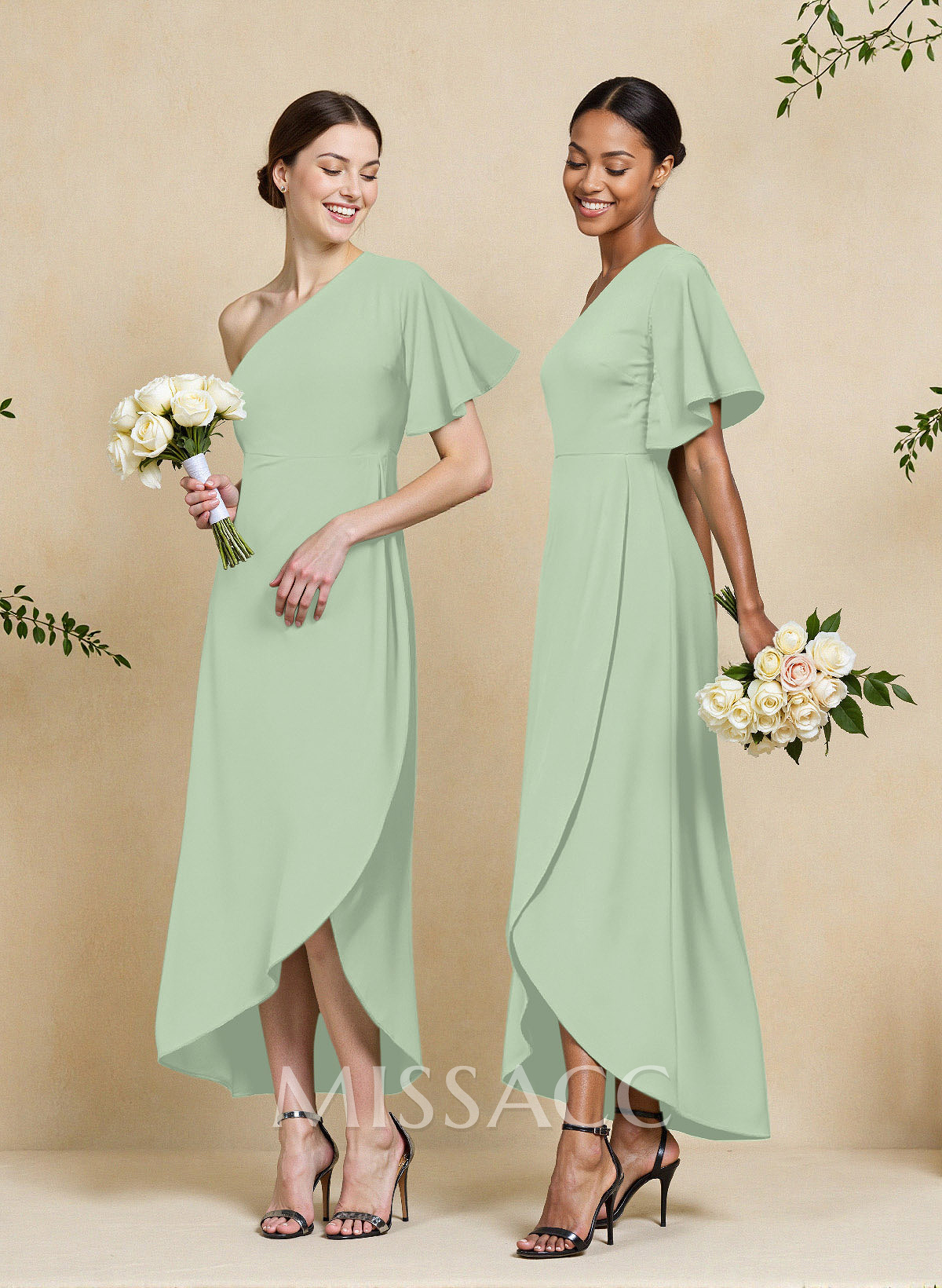 A-Line One-Shoulder Short Sleeves Asymmetrical Length Chiffon Bridesmaid Dresses A-Line One-Shoulder Short Sleeves Asymmetrical Length Chiffon Bridesmaid Dresses
