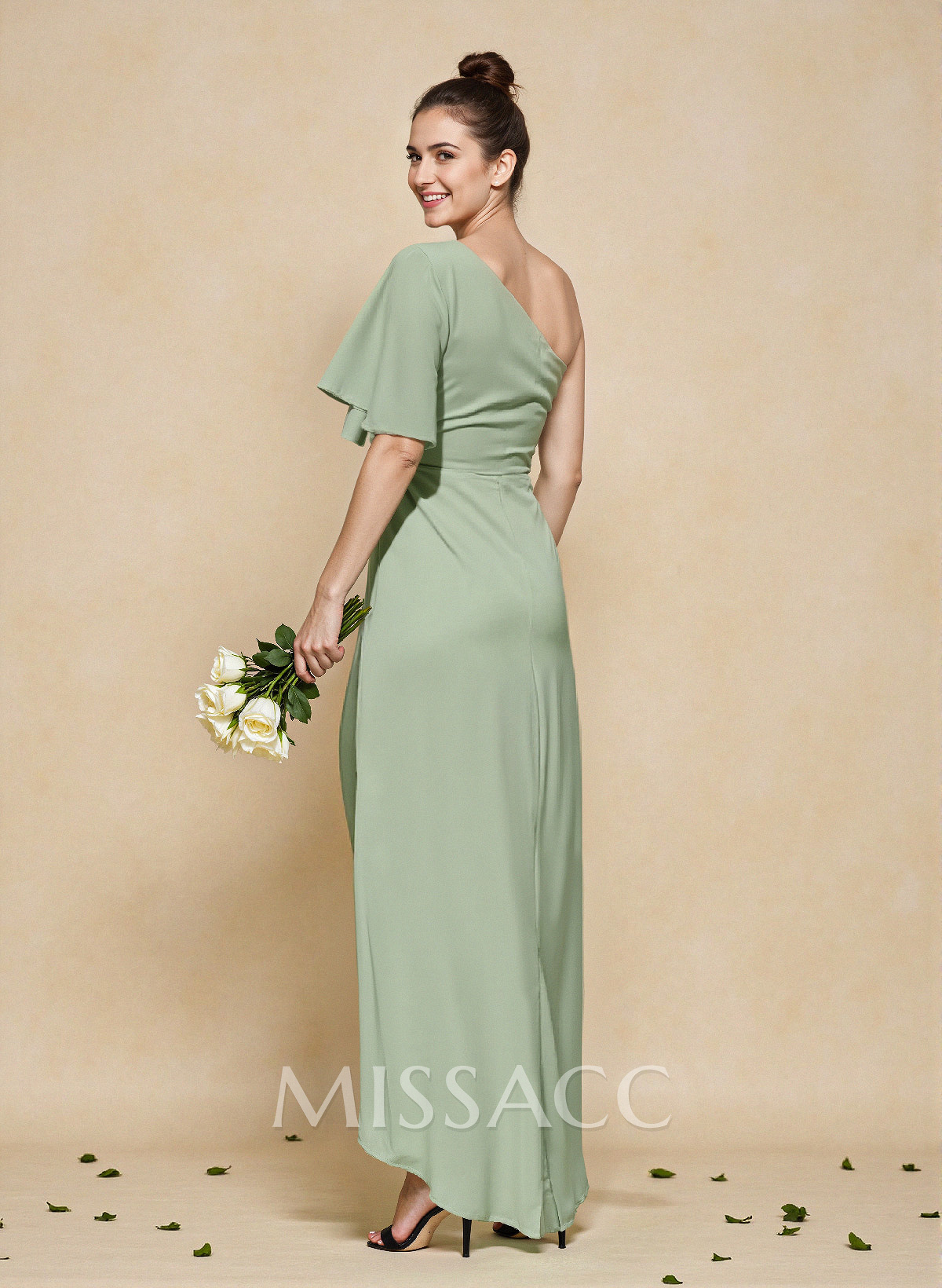 A-Line One-Shoulder Short Sleeves Asymmetrical Length Chiffon Bridesmaid Dresses A-Line One-Shoulder Short Sleeves Asymmetrical Length Chiffon Bridesmaid Dresses