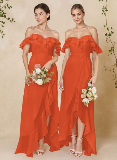 A-Line Off-The-Shoulder Asymmetrical Chiffon Bridesmaid Dresses With Ruffle