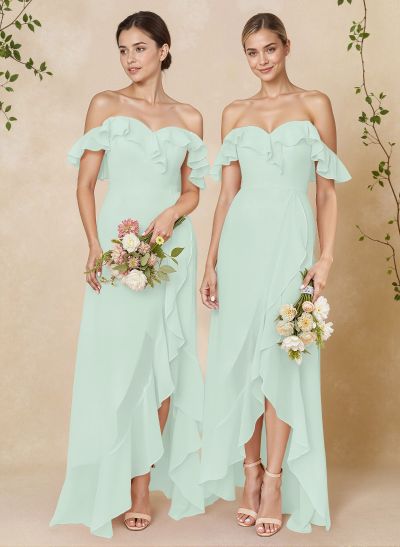 A-Line Off-The-Shoulder Asymmetrical Chiffon Bridesmaid Dresses With Ruffle