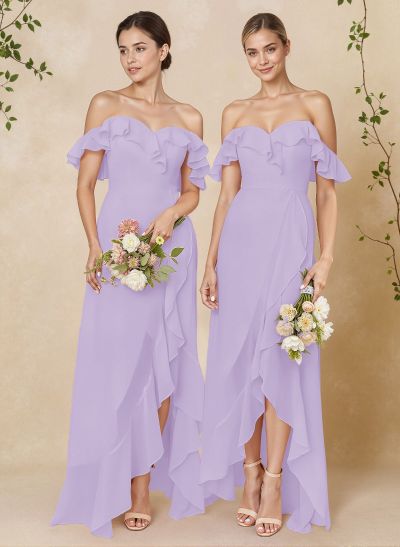A-Line Off-The-Shoulder Asymmetrical Chiffon Bridesmaid Dresses With Ruffle