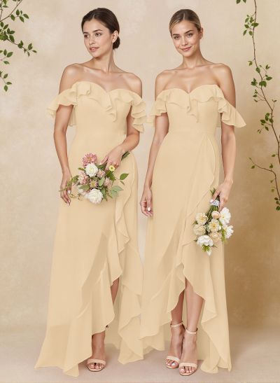 A-Line Off-The-Shoulder Asymmetrical Chiffon Bridesmaid Dresses With Ruffle