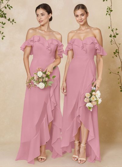 A-Line Off-The-Shoulder Asymmetrical Chiffon Bridesmaid Dresses With Ruffle
