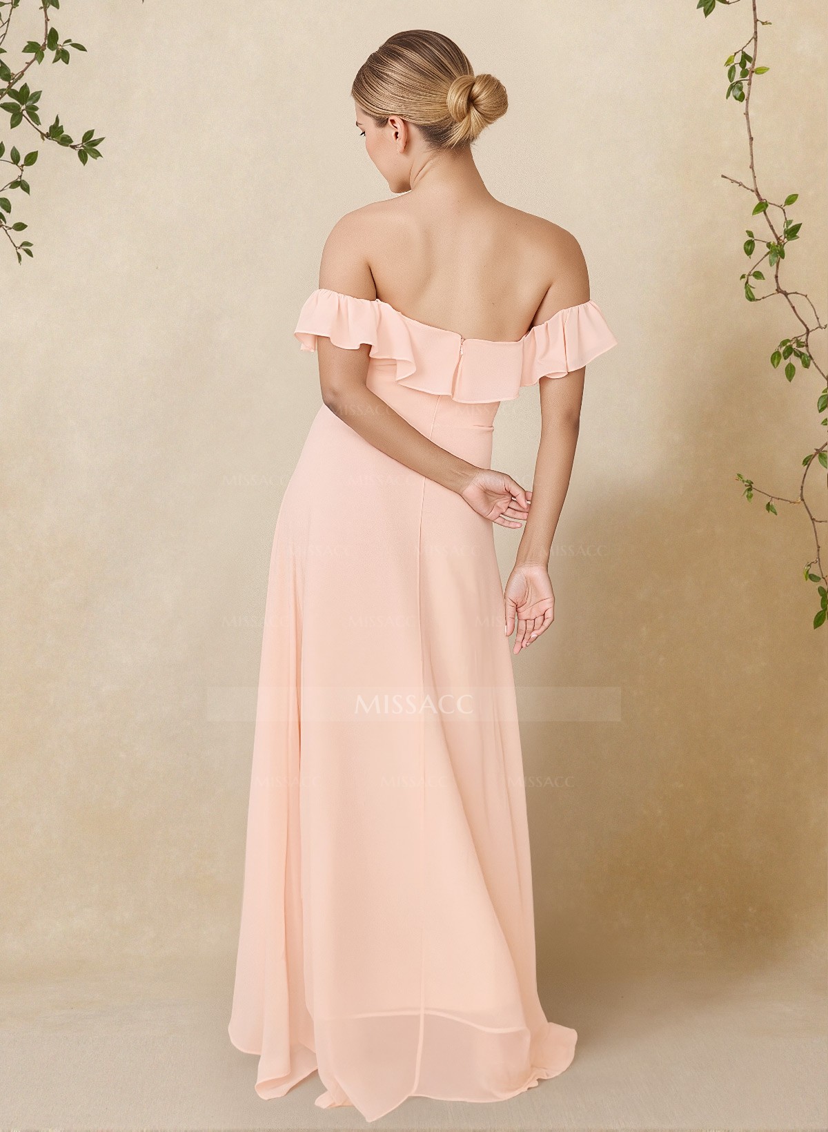 Ruffled Off-the-Shoulder A-Line Chiffon Bridesmaid Gown in Vintage Mauve
