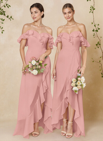 A-Line Off-The-Shoulder Asymmetrical Chiffon Bridesmaid Dresses With Ruffle
