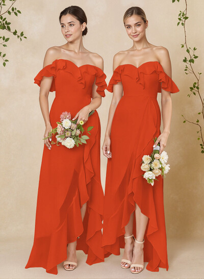 A-Line Off-The-Shoulder Asymmetrical Chiffon Bridesmaid Dresses With Ruffle