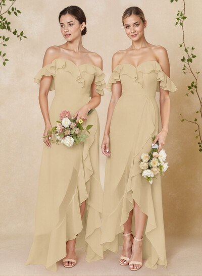 A-Line Off-The-Shoulder Asymmetrical Chiffon Bridesmaid Dresses With Ruffle