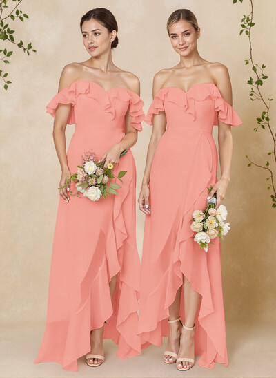 A-Line Off-The-Shoulder Asymmetrical Chiffon Bridesmaid Dresses With Ruffle