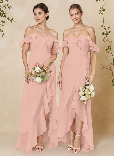 A-Line Off-The-Shoulder Asymmetrical Chiffon Bridesmaid Dresses With Ruffle