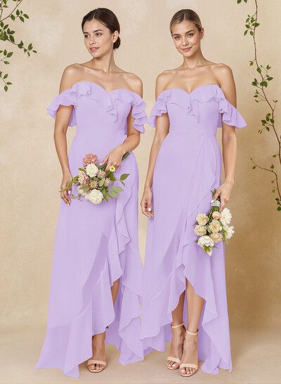 A-Line Off-The-Shoulder Asymmetrical Chiffon Bridesmaid Dresses With Ruffle