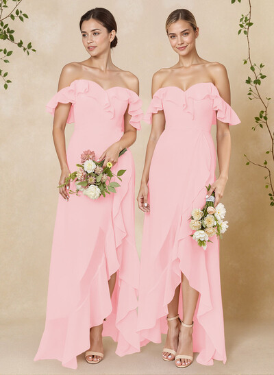 A-Line Off-The-Shoulder Asymmetrical Chiffon Bridesmaid Dresses With Ruffle