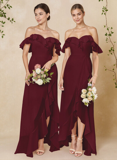 A-Line Off-The-Shoulder Asymmetrical Chiffon Bridesmaid Dresses With Ruffle
