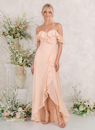 A-Line Off-The-Shoulder Asymmetrical Chiffon Bridesmaid Dresses With Ruffle