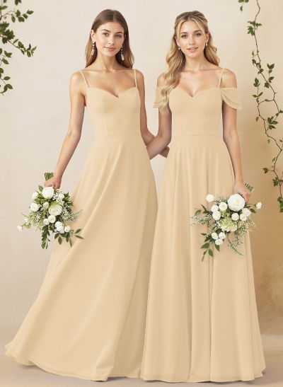 A-Line Sweetheart Detachable Sleeves Floor-Length Chiffon Bridesmaid Dresses