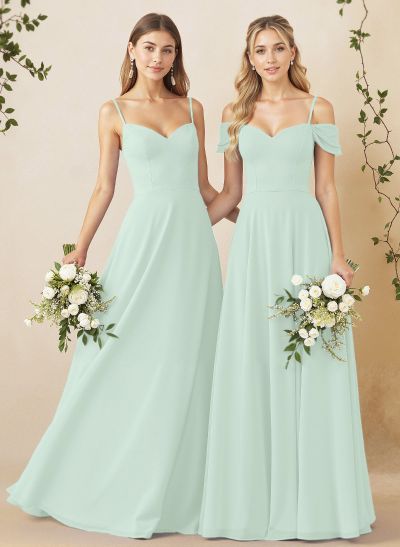 A-Line Sweetheart Detachable Sleeves Floor-Length Chiffon Bridesmaid Dresses
