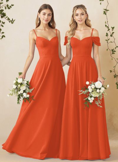 A-Line Sweetheart Detachable Sleeves Floor-Length Chiffon Bridesmaid Dresses