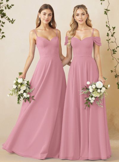 A-Line Sweetheart Detachable Sleeves Floor-Length Chiffon Bridesmaid Dresses