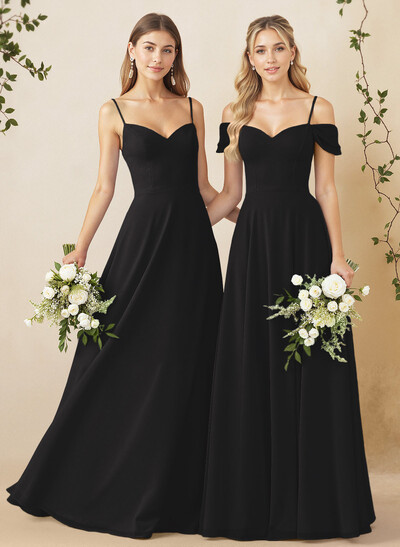 A-Line Sweetheart Detachable Sleeves Floor-Length Chiffon Bridesmaid Dresses