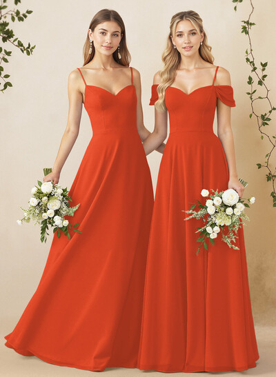 A-Line Sweetheart Detachable Sleeves Floor-Length Chiffon Bridesmaid Dresses
