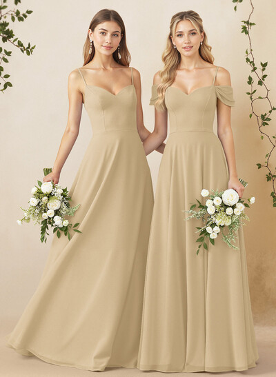 A-Line Sweetheart Detachable Sleeves Floor-Length Chiffon Bridesmaid Dresses
